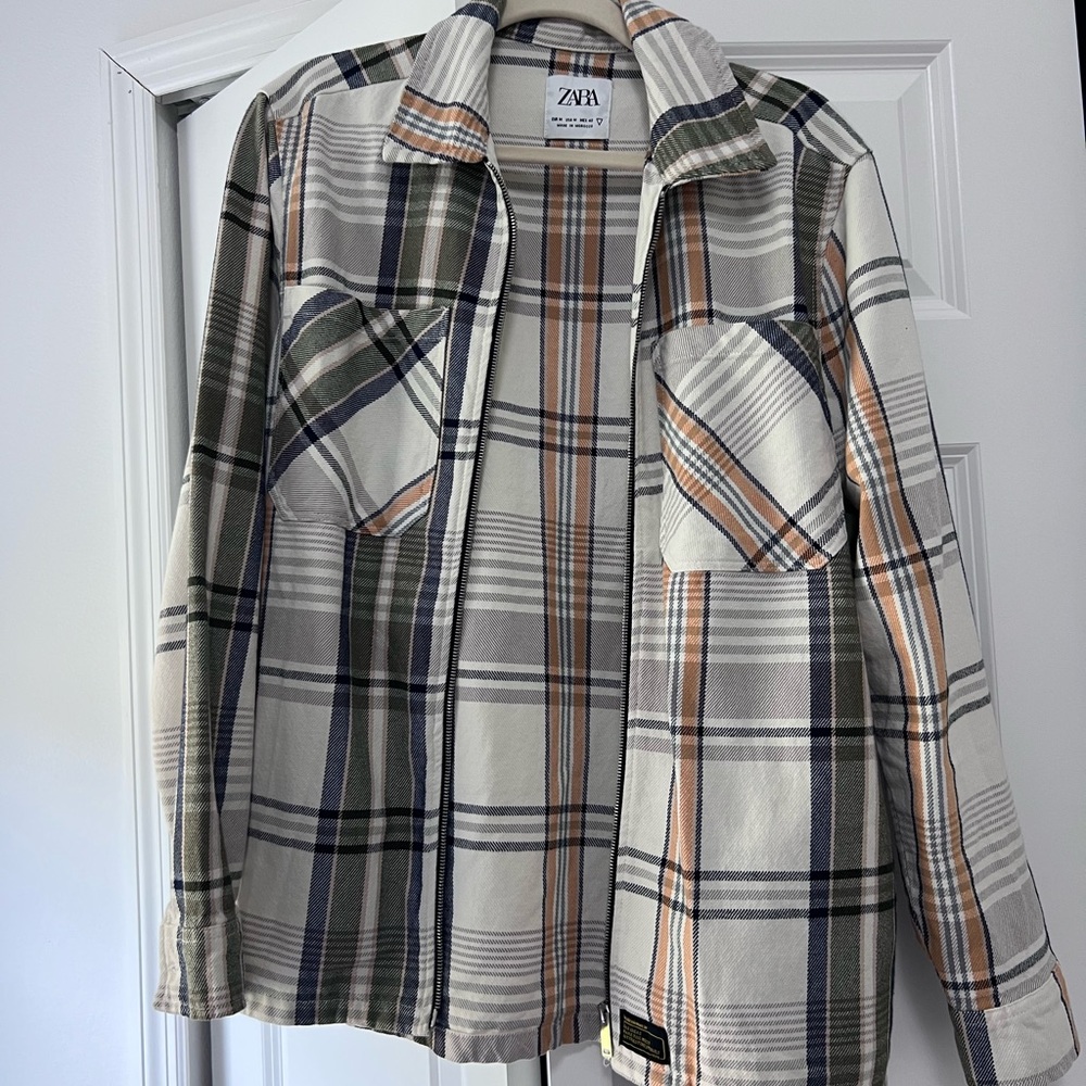 Zara Cream Plaid Button-Up with Olive and Navy Stripes